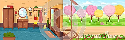 Cartoon hallway background. Panorama with the open door, wardrobe, chest of drawers, mirror, coat rack with clothes, umbrella. The Vector Illustration